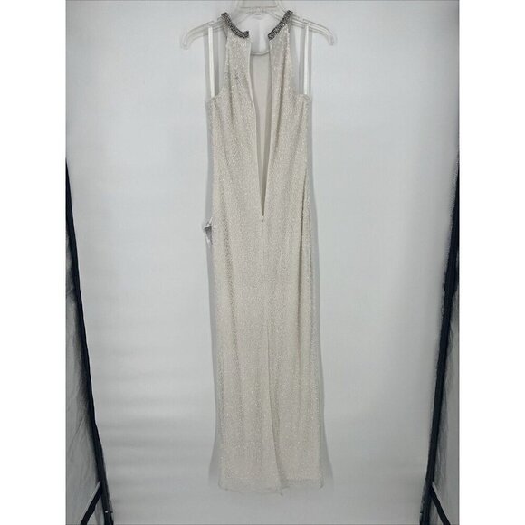 Mac Duggal Womens 4 White Beaded Sleeveless Halter Formal Long Gown Dress Flaws - Picture 12 of 16